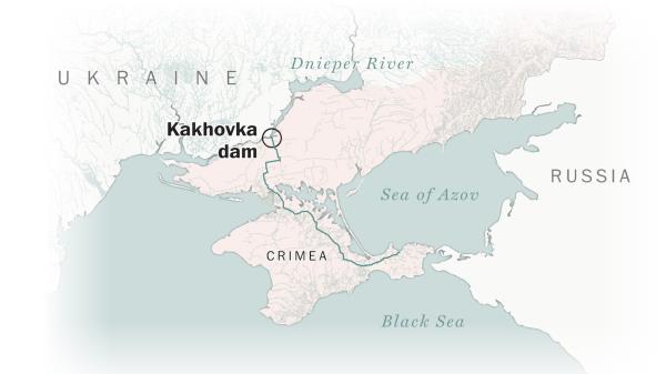 地图显示受损的卡霍夫卡大坝对乌克兰和俄罗斯造成的伤害