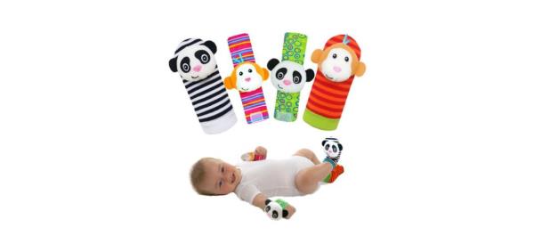 Kiesyo Infant Rattle Toy Socks and Wristbands and a baby wearing some of them