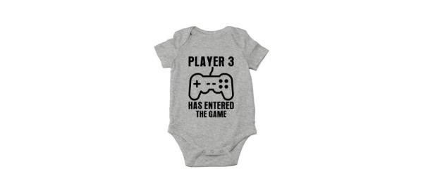 Crazy Bros Tees Player 3 Has Entered The Game Baby Bodysuit in gray
