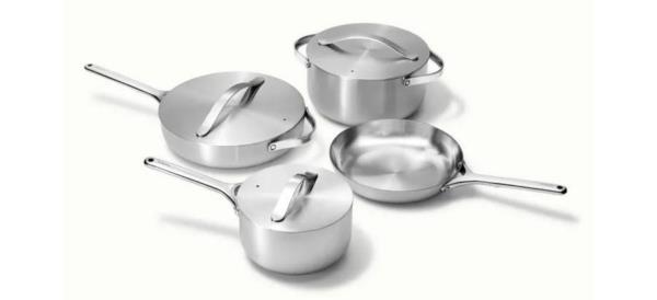 Caraway Stainless Steel Cookware Set, 4 pieces, on white background