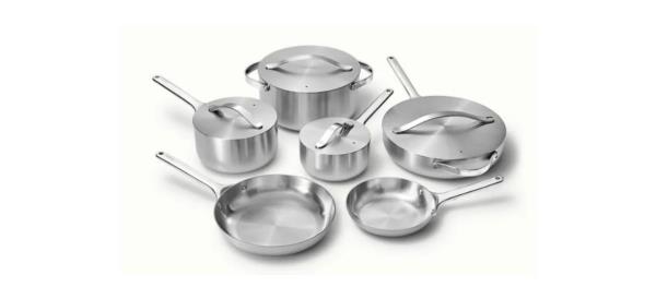Caraway Stainless Steel Cookware &amp; Minis Set on white background